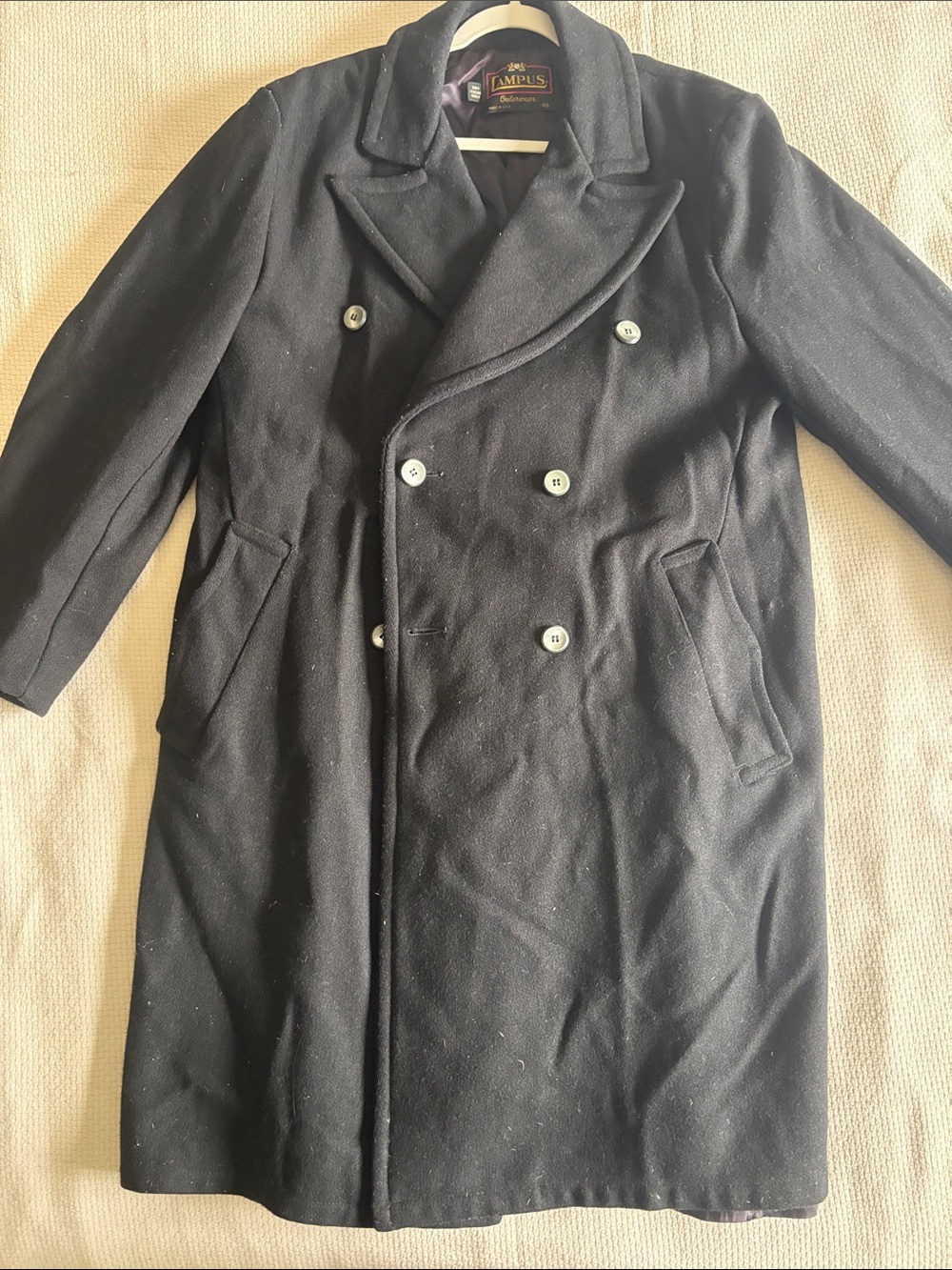Vintage Lampus Black Double-Breasted Wool Pea Coat - Men